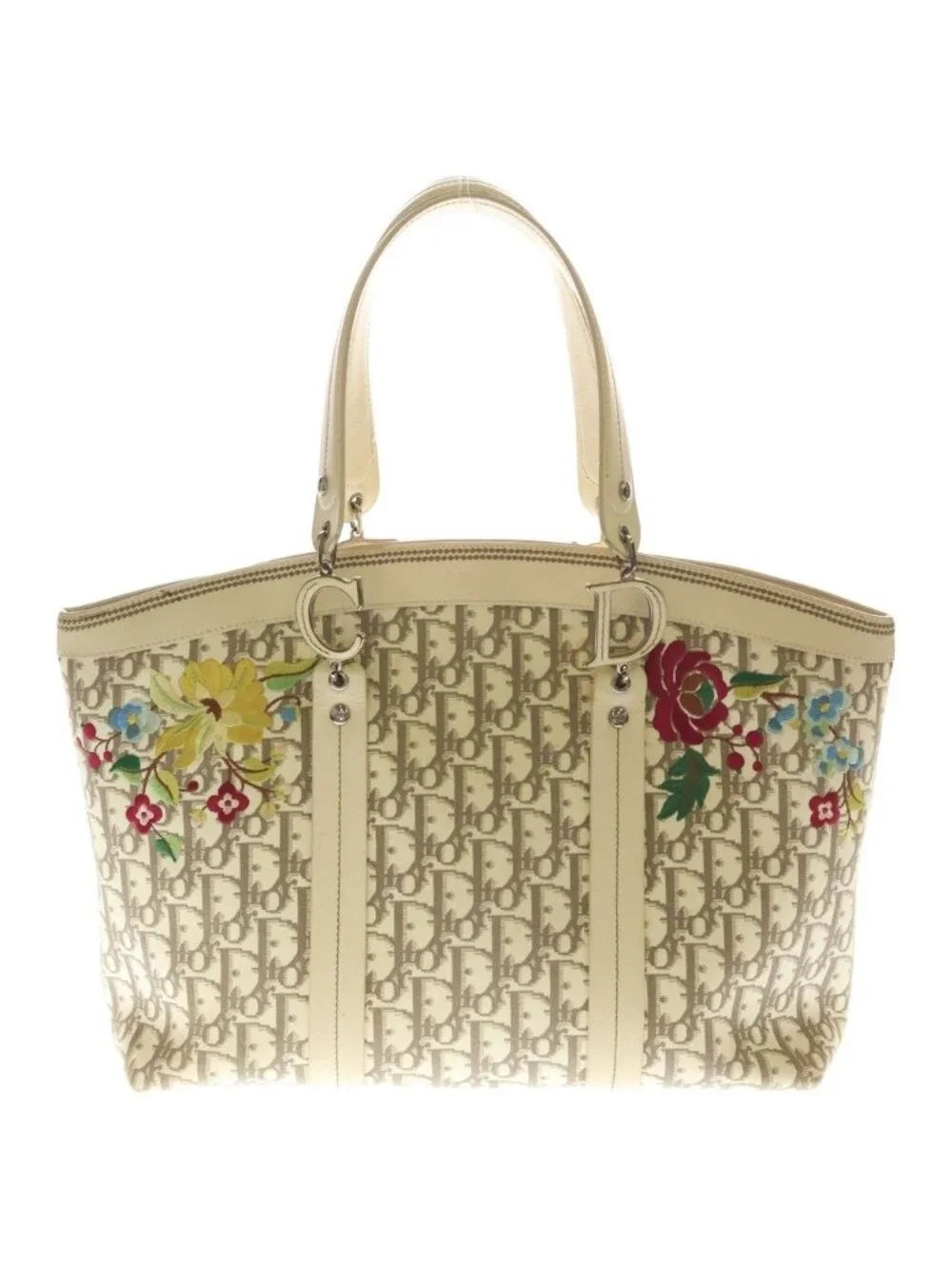Dior Trotter Flower Embroidery Tote Ivory Leather Silver